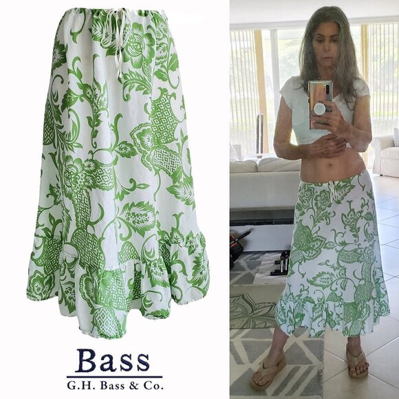 Bass Cotton & Linen Boho White & Green Floral Midi / Maxi Skirt 38” waist - S/M - Picture 1 of 14